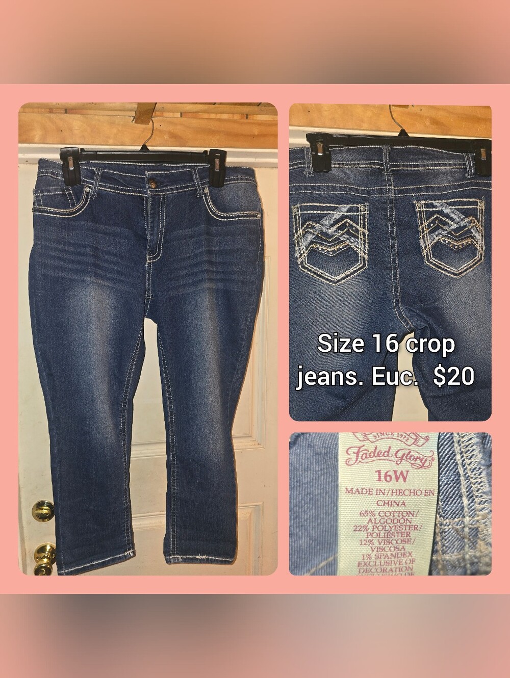 Faded Glory Dark Blue Ankle Crop Jeans with Embroidered Back Pockets